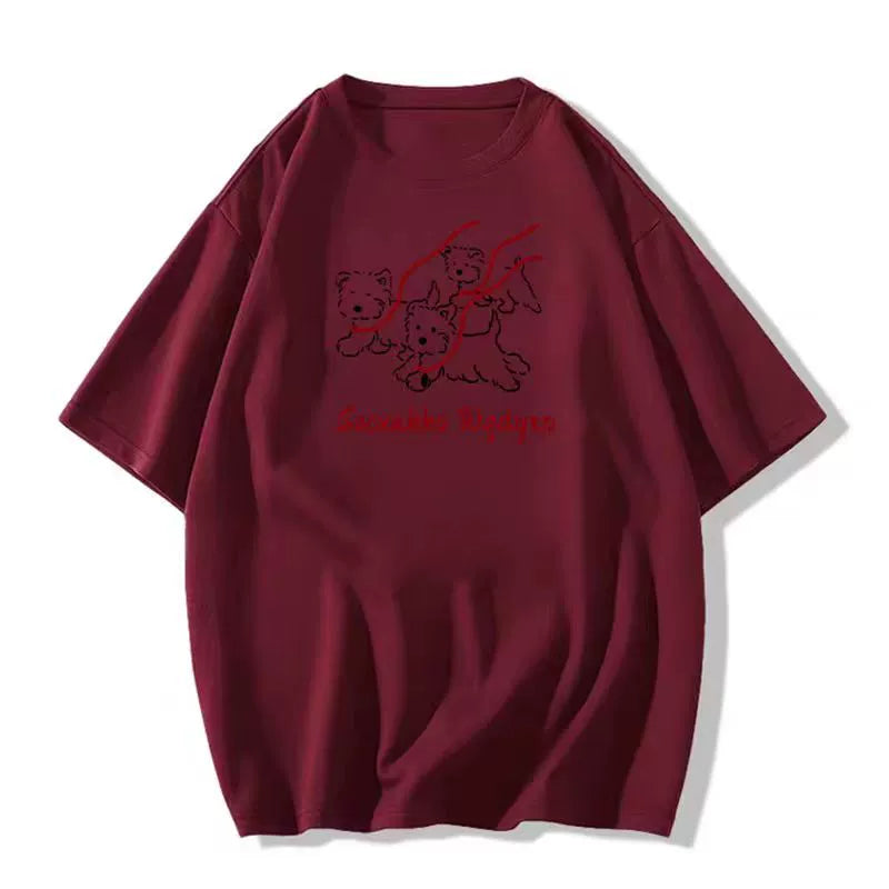 Cotton White Loose Graphic Dog T-Shirt - kawaii-inspired outfit in pastel colors - 94851535