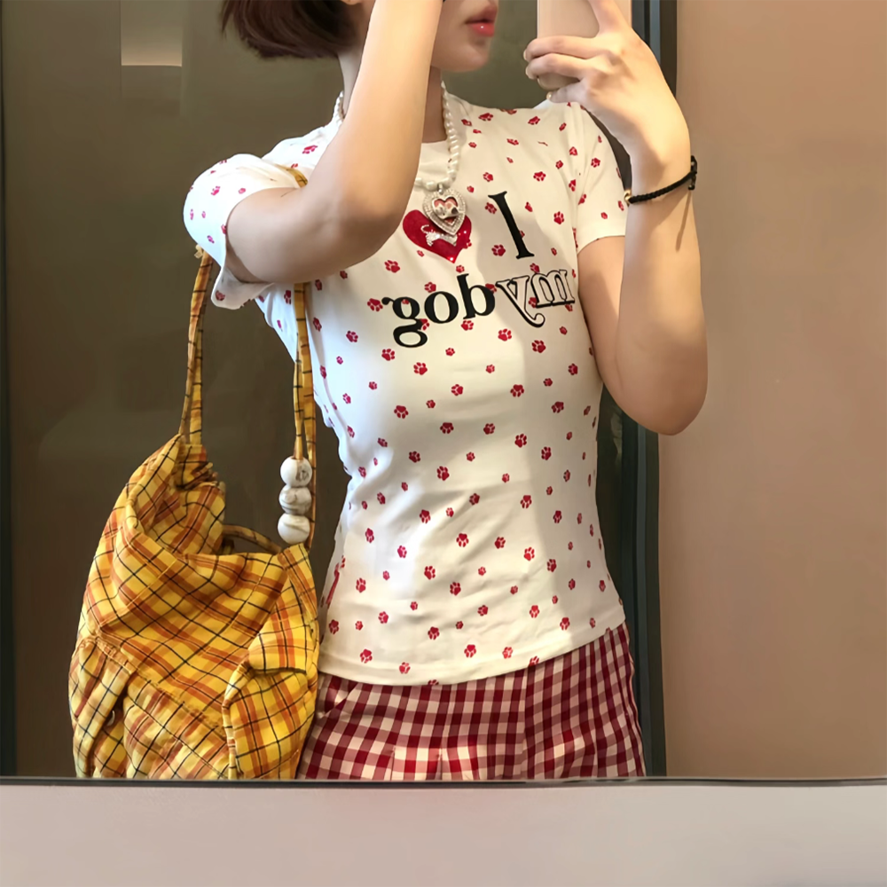 Retro Love Dog-Paw Slim Graphic Tee - kawaii-inspired outfit in pastel colors - 32076698