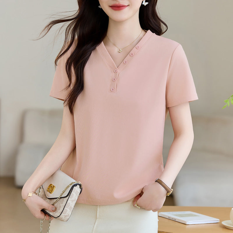 Women’s T-Shirt Korean Style Summer Petite Loose Versatile Casual Stylish Fashionable V-Neck Elegant Women’s Clothing