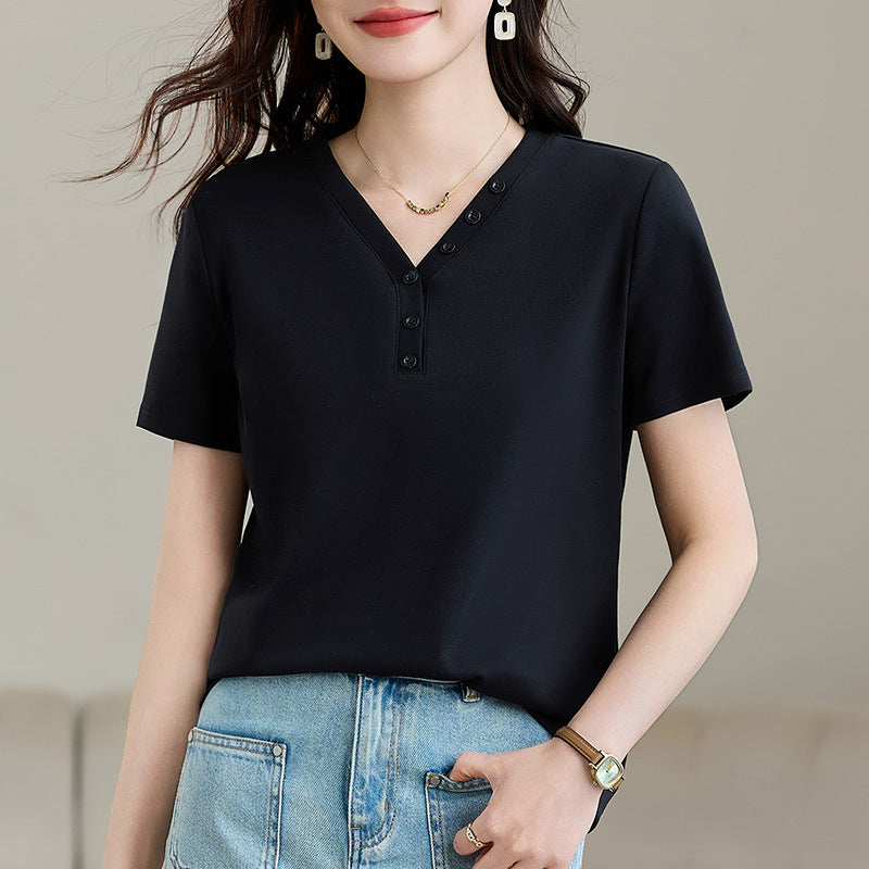 Women’s T-Shirt Korean Style Summer Petite Loose Versatile Casual Stylish Fashionable V-Neck Elegant Women’s Clothing