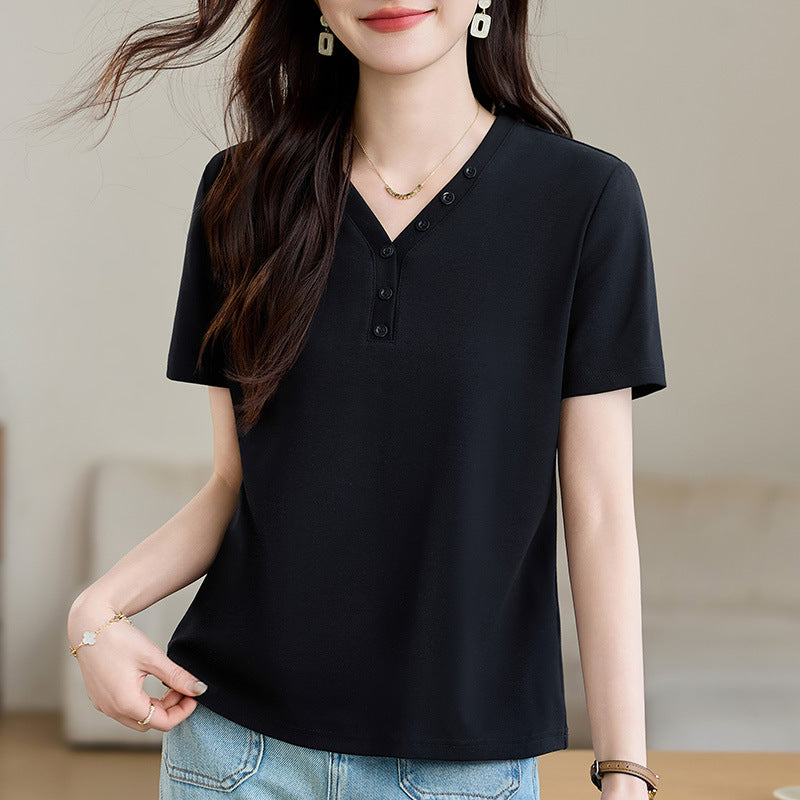 Women’s T-Shirt Korean Style Summer Petite Loose Versatile Casual Stylish Fashionable V-Neck Elegant Women’s Clothing