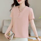 Women’s T-Shirt Korean Style Summer Petite Loose Versatile Casual Stylish Fashionable V-Neck Elegant Women’s Clothing