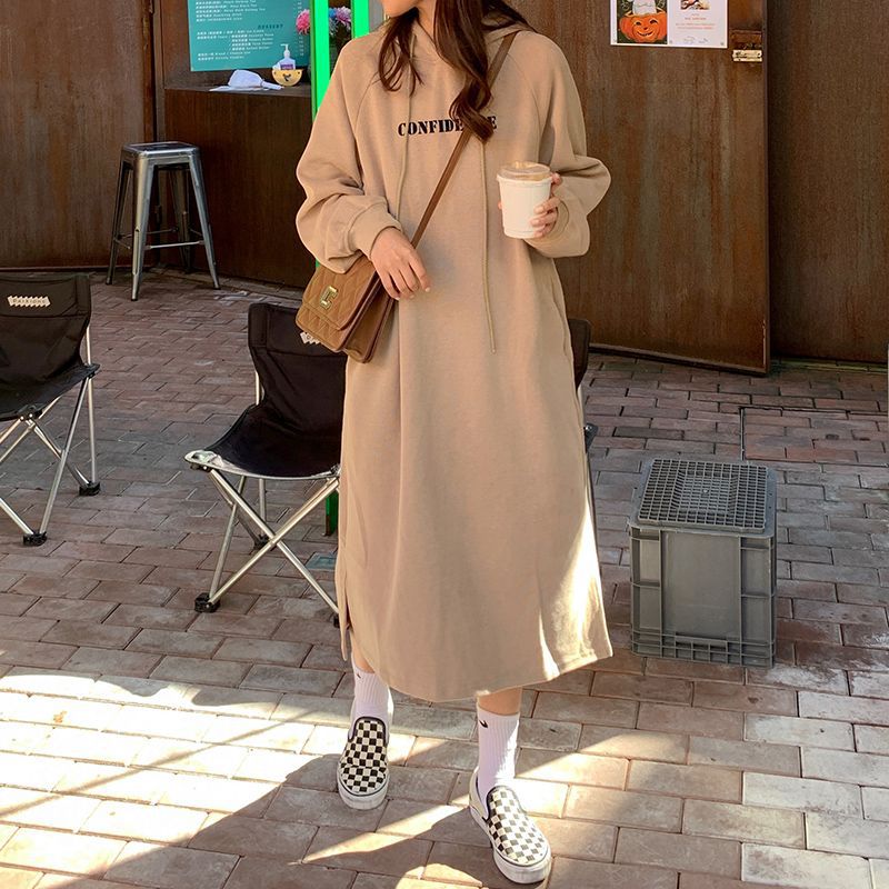 2024 autumn and winter new Korean version of BF wind hem split loose slimming fleece-lined thick knee hooded long skirt