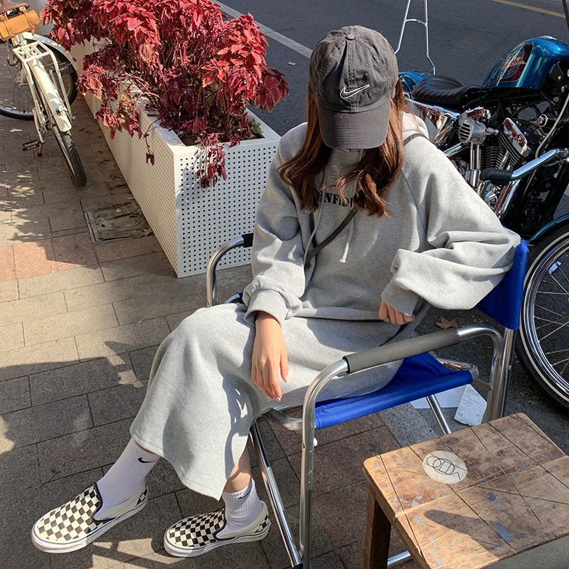 2024 autumn and winter new Korean version of BF wind hem split loose slimming fleece-lined thick knee hooded long skirt