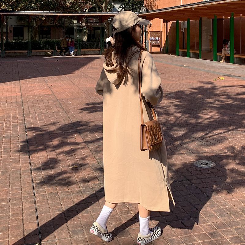 2024 autumn and winter new Korean version of BF wind hem split loose slimming fleece-lined thick knee hooded long skirt