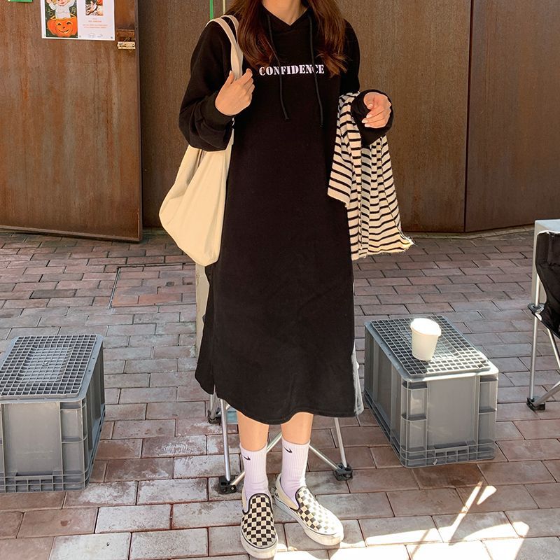 2024 autumn and winter new Korean version of BF wind hem split loose slimming fleece-lined thick knee hooded long skirt