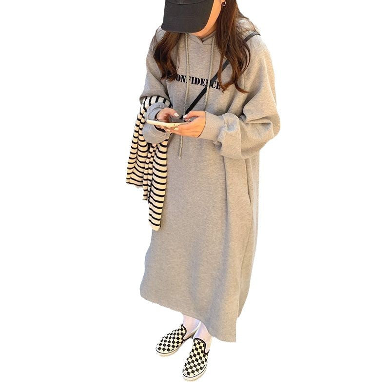 2024 autumn and winter new Korean version of BF wind hem split loose slimming fleece-lined thick knee hooded long skirt