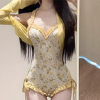 Sweet Cute Yellow Floral Print Korean Swimwear with Cover Smock Sexy Backless One Piece Swimsuit Woman 2026 Ruched Edge