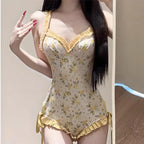 Sweet Cute Yellow Floral Print Korean Swimwear with Cover Smock Sexy Backless One Piece Swimsuit Woman 2026 Ruched Edge