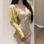 Sweet Cute Yellow Floral Print Korean Swimwear with Cover Smock Sexy Backless One Piece Swimsuit Woman 2026 Ruched Edge