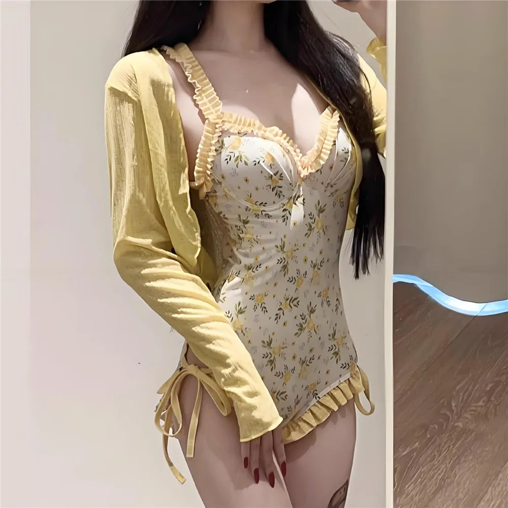 Sweet Cute Yellow Floral Print Korean Swimwear with Cover Smock Sexy Backless One Piece Swimsuit Woman 2026 Ruched Edge