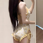 Sweet Cute Yellow Floral Print Korean Swimwear with Cover Smock Sexy Backless One Piece Swimsuit Woman 2026 Ruched Edge