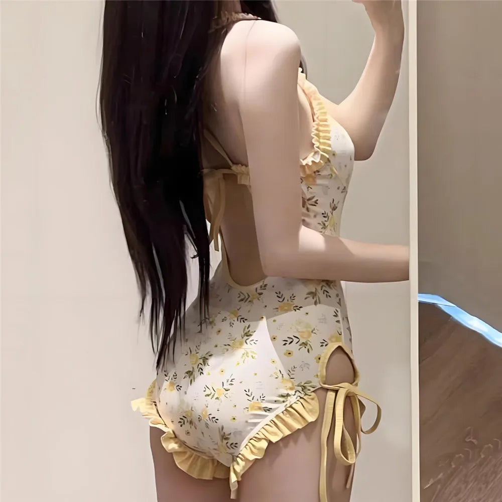 Sweet Cute Yellow Floral Print Korean Swimwear with Cover Smock Sexy Backless One Piece Swimsuit Woman 2026 Ruched Edge
