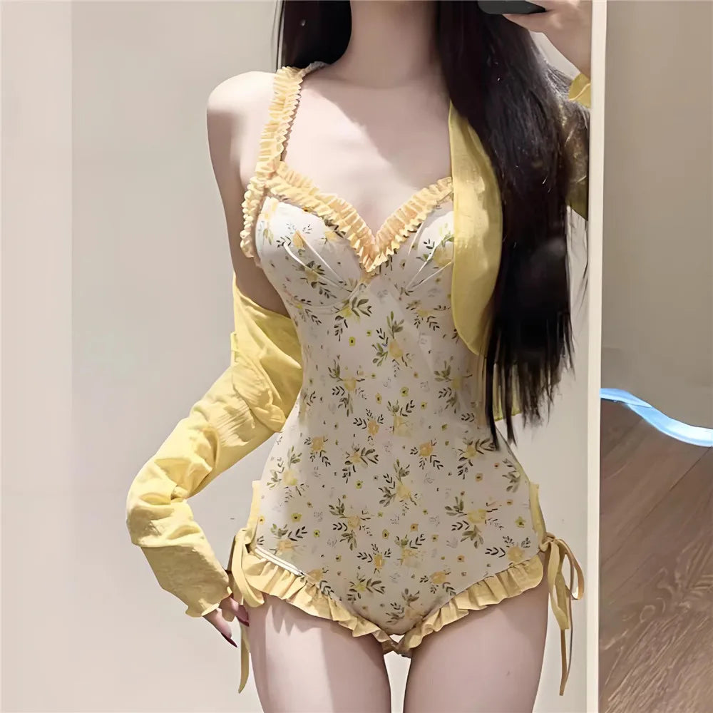Sweet Cute Yellow Floral Print Korean Swimwear with Cover Smock Sexy Backless One Piece Swimsuit Woman 2026 Ruched Edge
