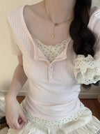 Fake Two-Piece Floral Short-Sleeve T-Shirt - kawaii-inspired outfit in pastel colors - 52951905