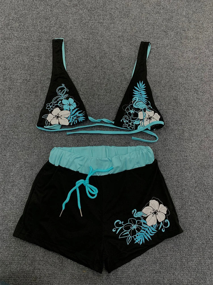 Summer Beach Ins Fashion Hot Sexy Ladies Split Two Piece Bikini Beautiful Vintage Contrast Flower Print Suspender Bra