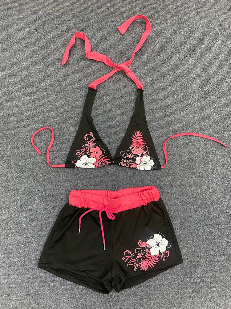 Summer Beach Ins Fashion Hot Sexy Ladies Split Two Piece Bikini Beautiful Vintage Contrast Flower Print Suspender Bra