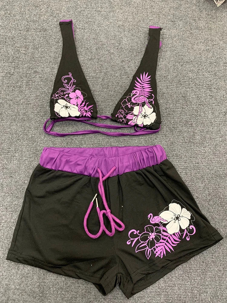 Summer Beach Ins Fashion Hot Sexy Ladies Split Two Piece Bikini Beautiful Vintage Contrast Flower Print Suspender Bra