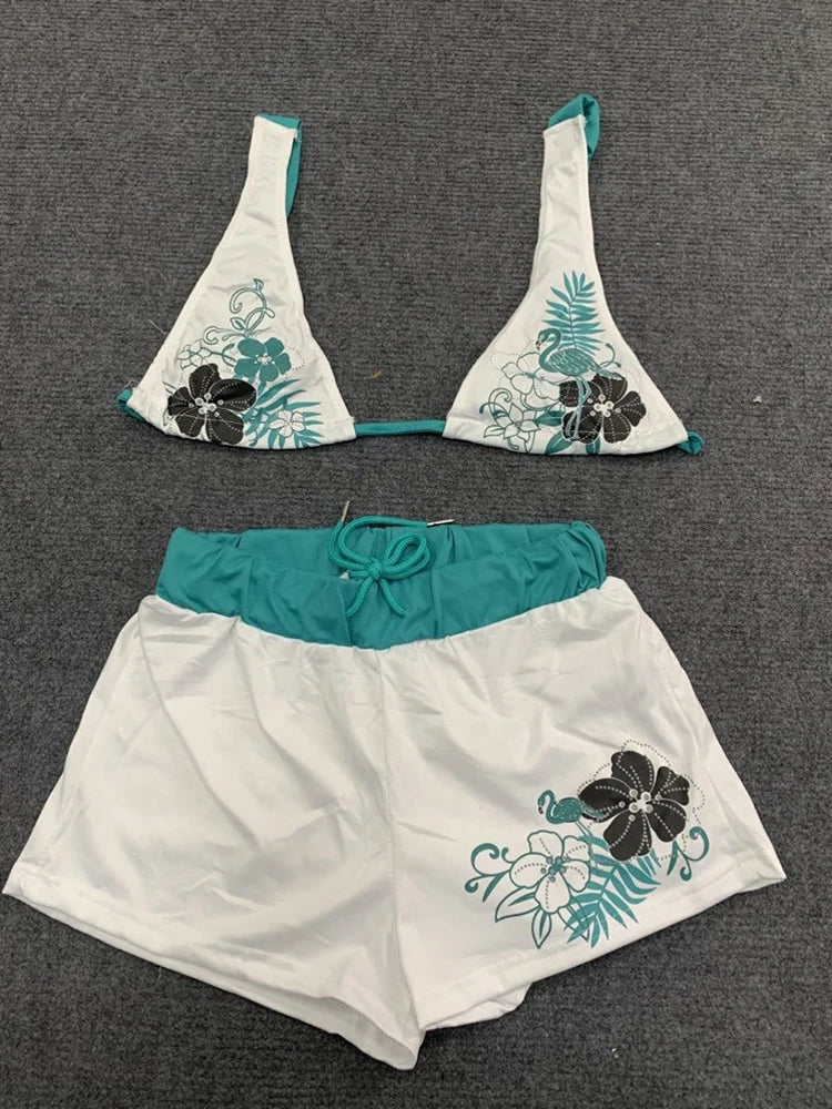 Summer Beach Ins Fashion Hot Sexy Ladies Split Two Piece Bikini Beautiful Vintage Contrast Flower Print Suspender Bra