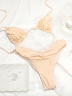 Sexy Folds Bikini Set Solid Micro Bikinis Women Swimsuit Female Triangle Swimwear Beach Wear Bathing Suit - Beige / L