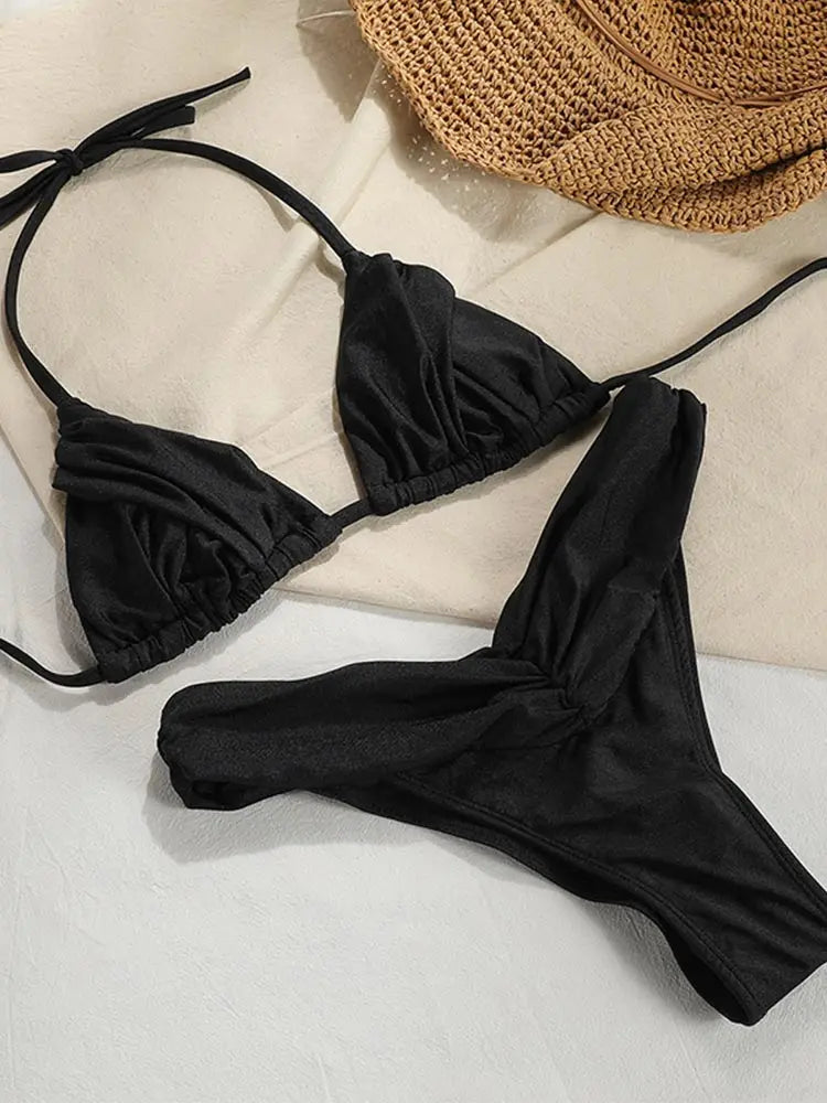 Sexy Folds Bikini Set Solid Micro Bikinis Women Swimsuit Female Triangle Swimwear Beach Wear Bathing Suit - Black / L