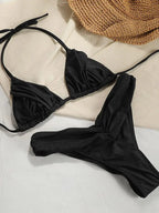 Sexy Folds Bikini Set Solid Micro Bikinis Women Swimsuit Female Triangle Swimwear Beach Wear Bathing Suit - Black / L