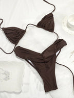 Sexy Folds Bikini Set Solid Micro Bikinis Women Swimsuit Female Triangle Swimwear Beach Wear Bathing Suit - Brown / L
