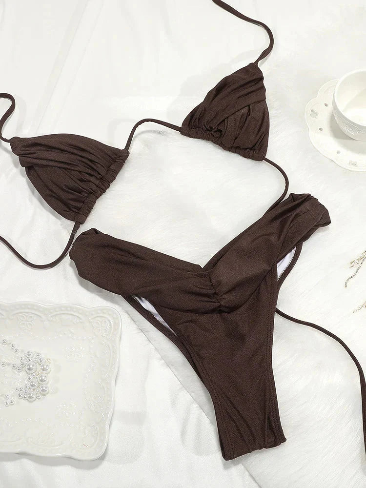 Sexy Folds Bikini Set Solid Micro Bikinis Women Swimsuit Female Triangle Swimwear Beach Wear Bathing Suit - Brown / L