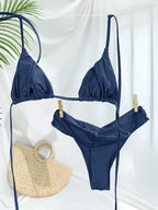 Sexy Folds Bikini Set Solid Micro Bikinis Women Swimsuit Female Triangle Swimwear Beach Wear Bathing Suit - Dark Blue