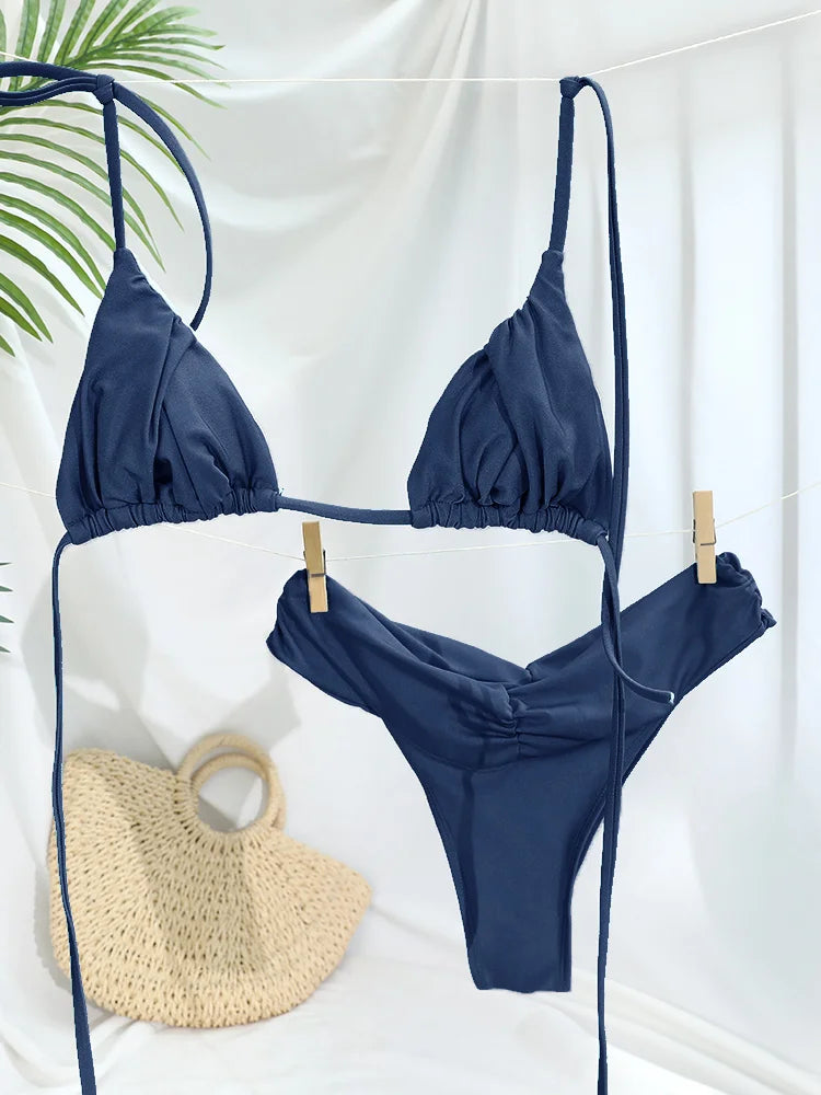 Sexy Folds Bikini Set Solid Micro Bikinis Women Swimsuit Female Triangle Swimwear Beach Wear Bathing Suit - Dark Blue
