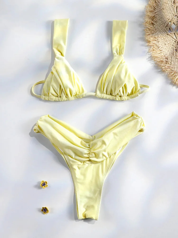 Sexy Folds Bikini Set Solid Micro Bikinis Women Swimsuit Female Triangle Swimwear Beach Wear Bathing Suit - Dark Yellow