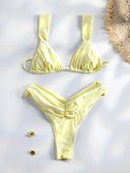 Sexy Folds Bikini Set Solid Micro Bikinis Women Swimsuit Female Triangle Swimwear Beach Wear Bathing Suit - Dark Yellow
