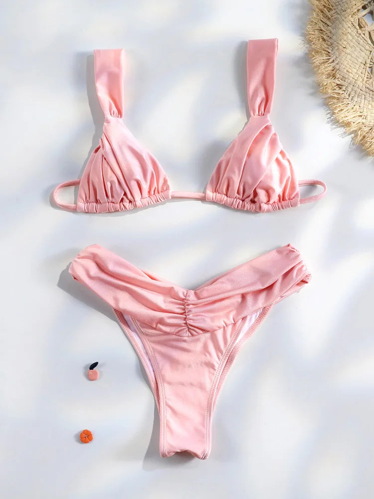 Sexy Folds Bikini Set Solid Micro Bikinis Women Swimsuit Female Triangle Swimwear Beach Wear Bathing Suit - Light Pink