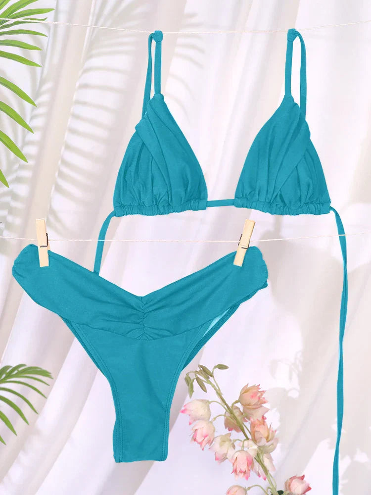 Sexy Folds Bikini Set Solid Micro Bikinis Women Swimsuit Female Triangle Swimwear Beach Wear Bathing Suit - Light