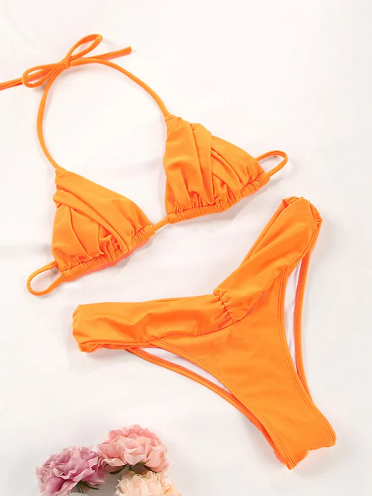 Sexy Folds Bikini Set Solid Micro Bikinis Women Swimsuit Female Triangle Swimwear Beach Wear Bathing Suit - Orange / L