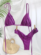 Sexy Folds Bikini Set Solid Micro Bikinis Women Swimsuit Female Triangle Swimwear Beach Wear Bathing Suit - Purple / L
