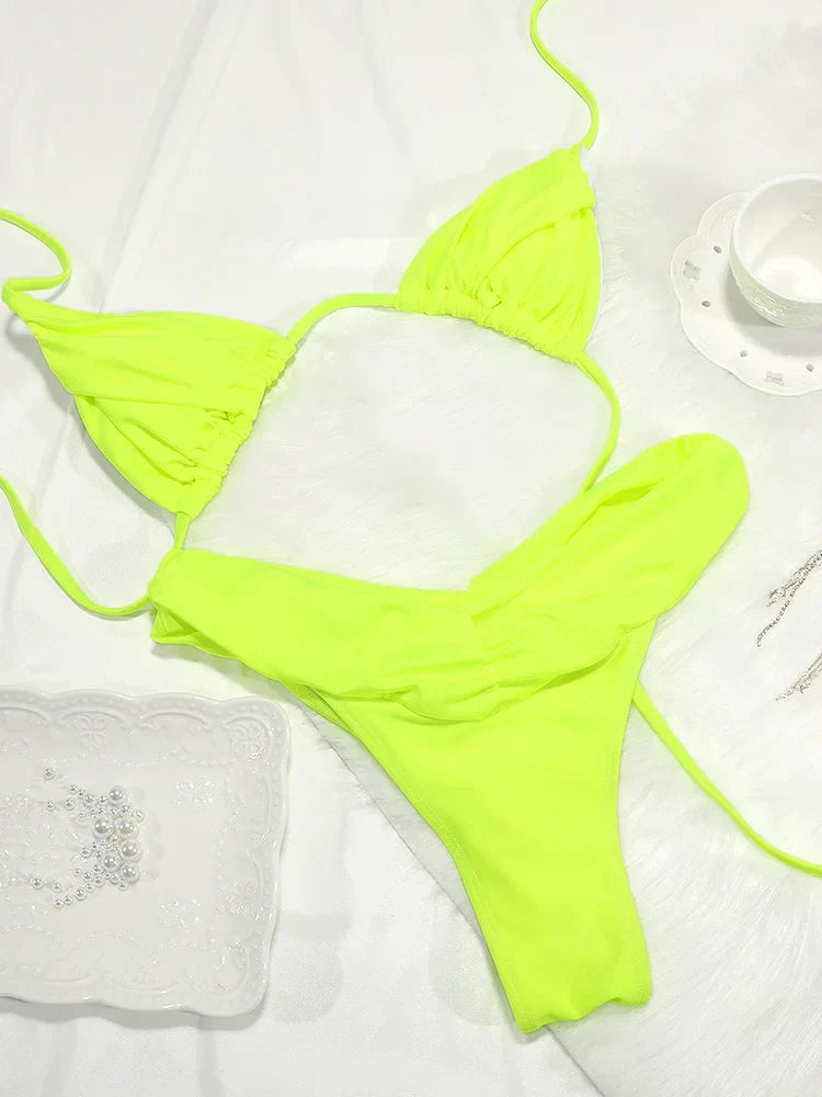 Sexy Folds Bikini Set Solid Micro Bikinis Women Swimsuit Female Triangle Swimwear Beach Wear Bathing Suit - Yellow / L