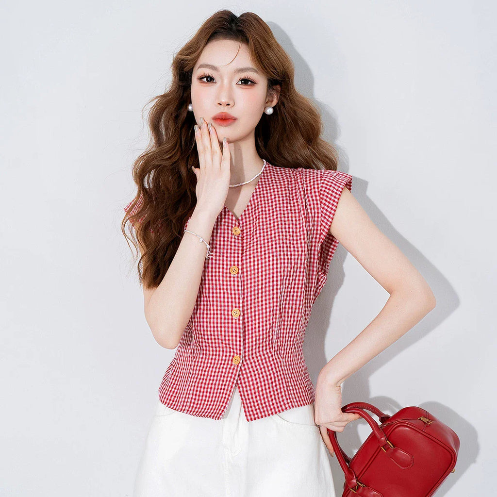 V-Neck Flying-Sleeve Gingham Blouse - kawaii-inspired outfit in pastel colors - 61640264