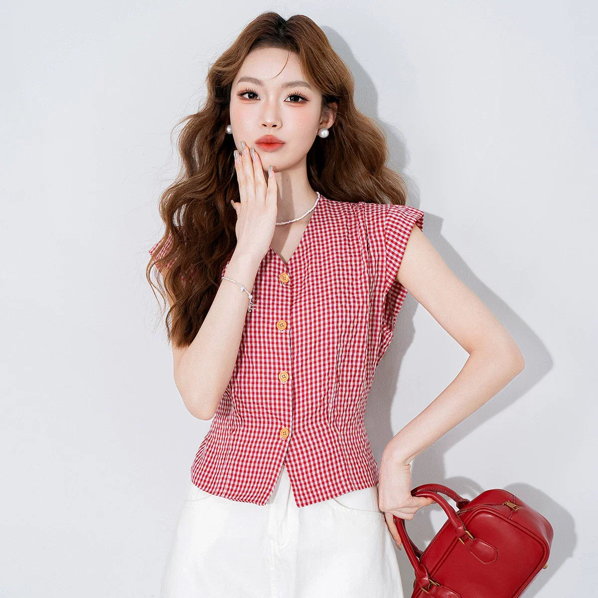 V-Neck Flying-Sleeve Gingham Blouse - kawaii-inspired outfit in pastel colors - 61640264