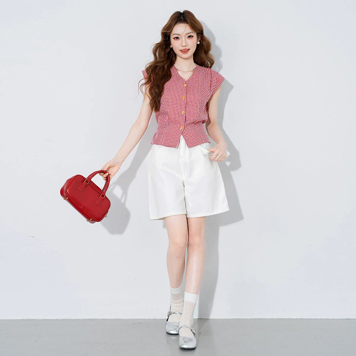 V-Neck Flying-Sleeve Gingham Blouse - kawaii-inspired outfit in pastel colors - 47598490
