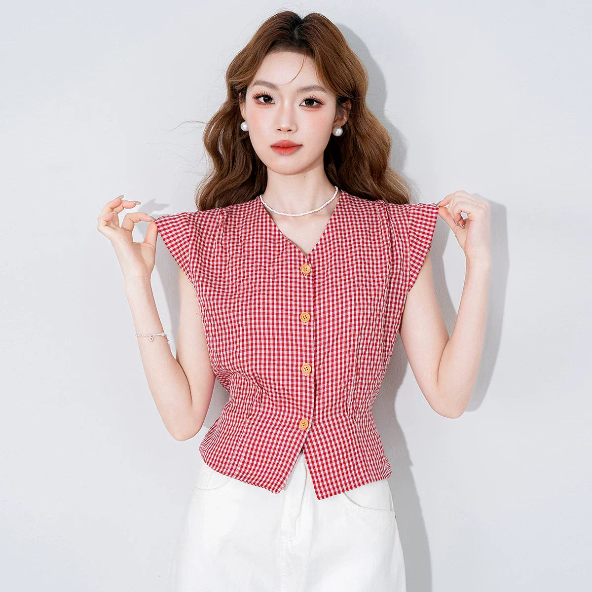 V-Neck Flying-Sleeve Gingham Blouse - kawaii-inspired outfit in pastel colors - 8322044