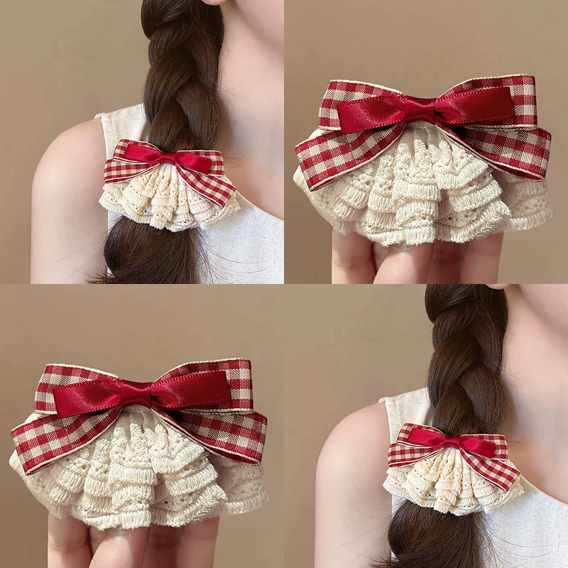 Sweet Gingham Ribbon & Lace Bow Hair Clip - kawaii-inspired outfit in pastel colors - 92727644