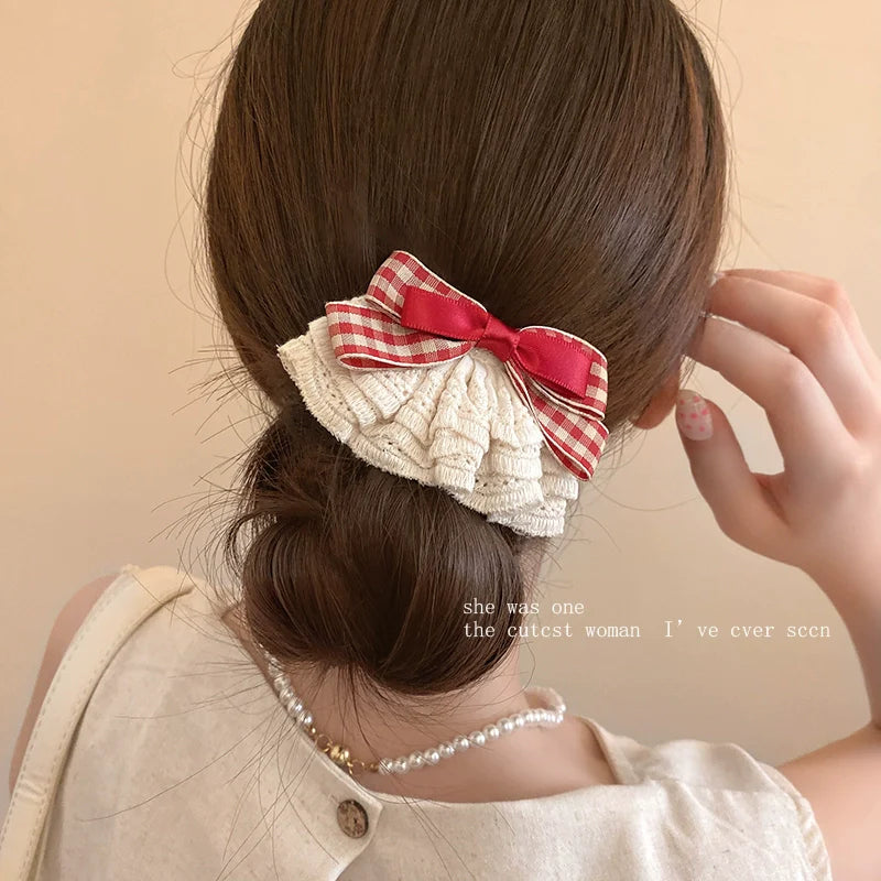 Sweet Gingham Ribbon & Lace Bow Hair Clip - kawaii-inspired outfit in pastel colors - 59744261