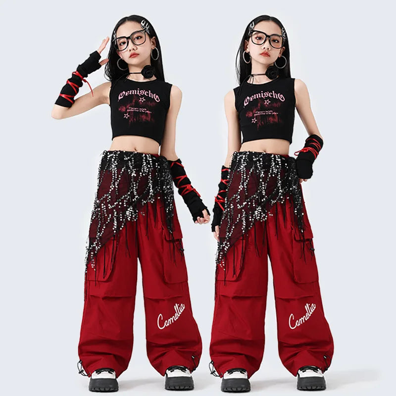 Hip Hop Sweet Girls Crop Top Street Dance Sweat Pants Jazz Girl Group Clothes Sets Kids K-pop Costumes Children Teens