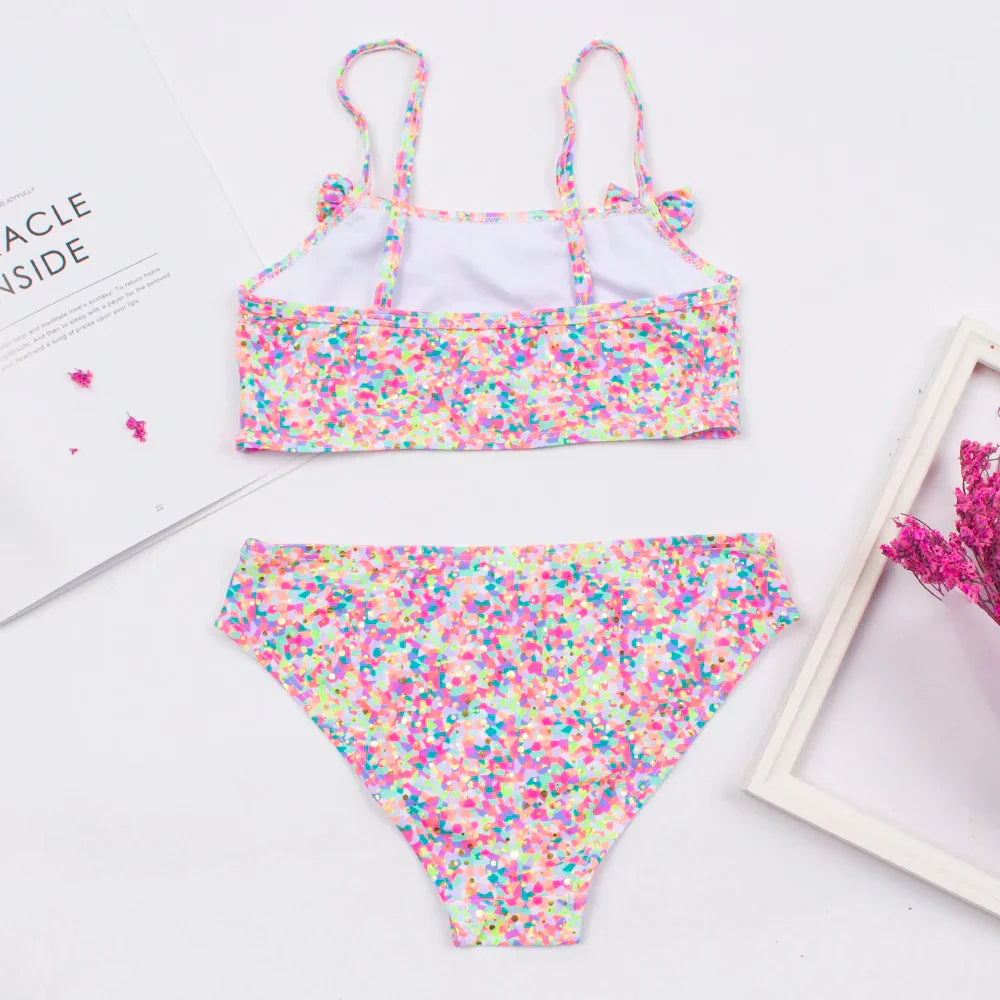 2-8 Years Kids Girls Swimsuit Children Print Bow Deco Bikini Set Summer Baby Kids Girl Biquini Beachwear Swimming Suit