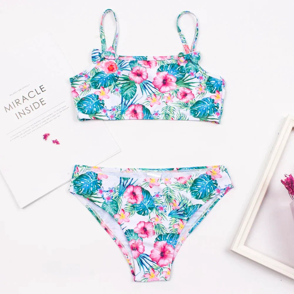 2-8 Years Kids Girls Swimsuit Children Print Bow Deco Bikini Set Summer Baby Kids Girl Biquini Beachwear Swimming Suit