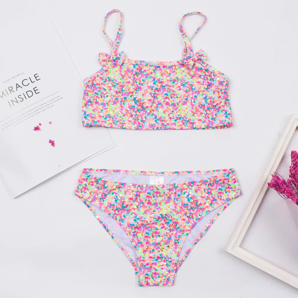 2-8 Years Kids Girls Swimsuit Children Print Bow Deco Bikini Set Summer Baby Kids Girl Biquini Beachwear Swimming Suit