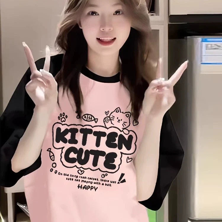 Color-Block Raglan Kitten Cute Cotton Tee - kawaii-inspired outfit in pastel colors - 30463357