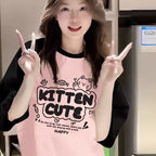 Color-Block Raglan Kitten Cute Cotton Tee - kawaii-inspired outfit in pastel colors - 30463357