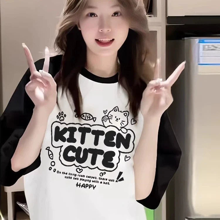 Color-Block Raglan Kitten Cute Cotton Tee - kawaii-inspired outfit in pastel colors - 83031368